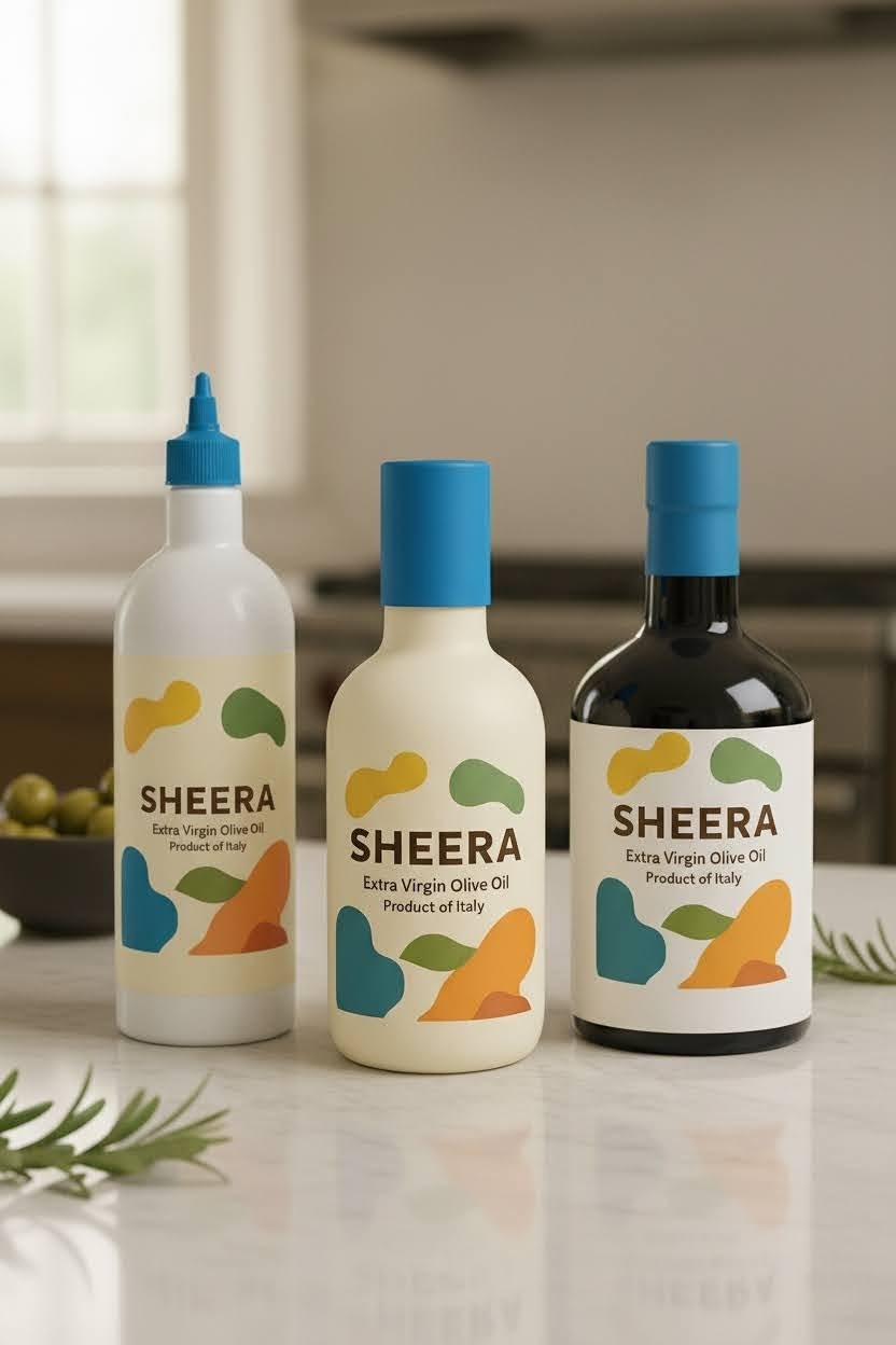 A styled product shot of the SHEERA bottle on a colorful, modern kitchen counter, next to fresh bread and herbs.